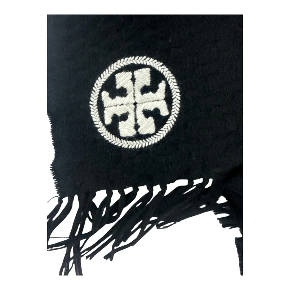 NWOT Tory Burch Black Merino‎ Wool Fringe Wrap Scarf Logo Quiet Luxury Old Money